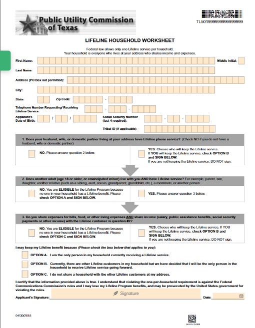 Household Worksheet form for lifeline program