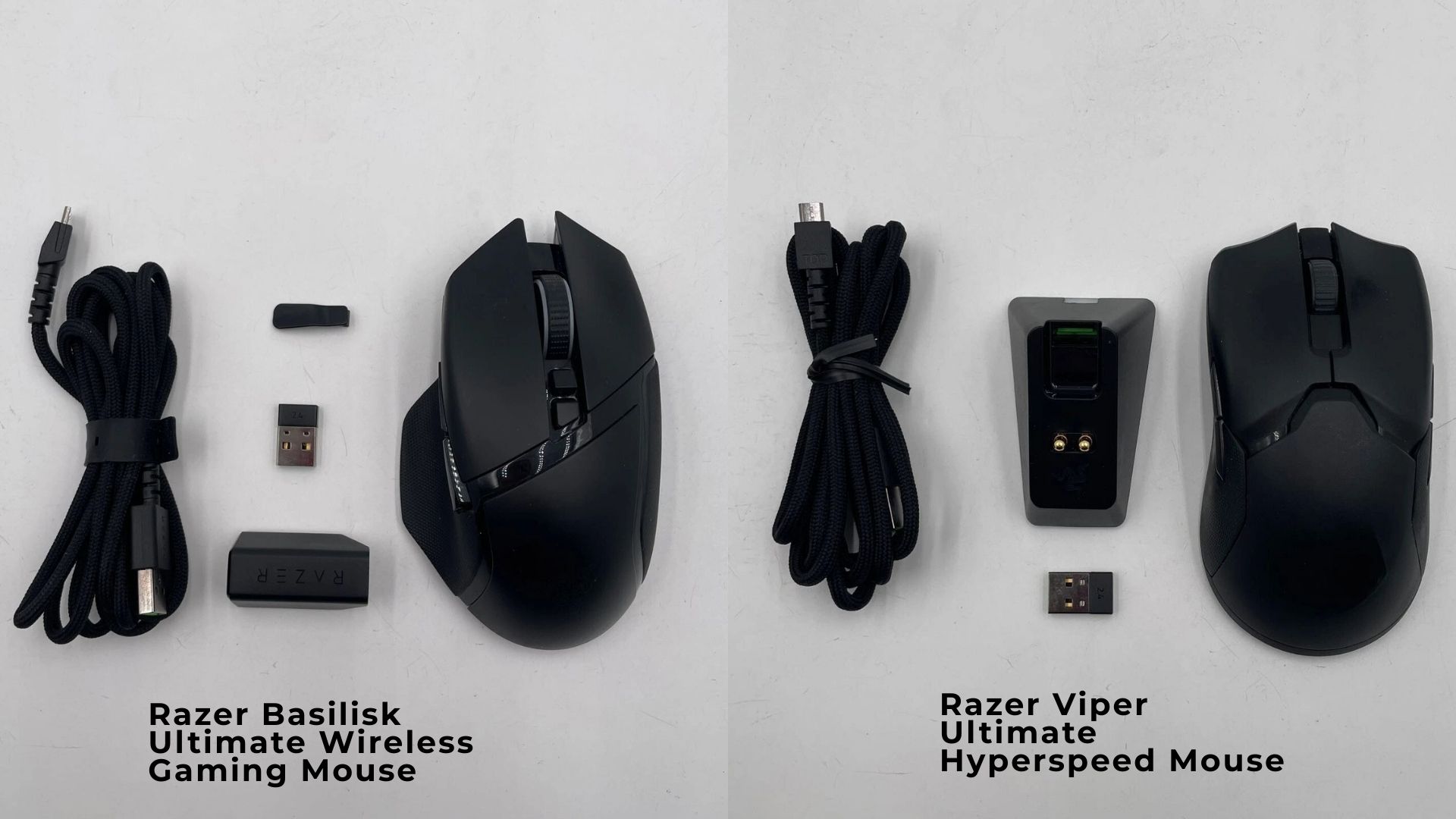 Razer Basilisk Ultimate Wireless Gaming Mouse and Razer Viper Ultimate Hyperspeed Mouse components laid out, including USB receivers, cables, and the mice themselves.