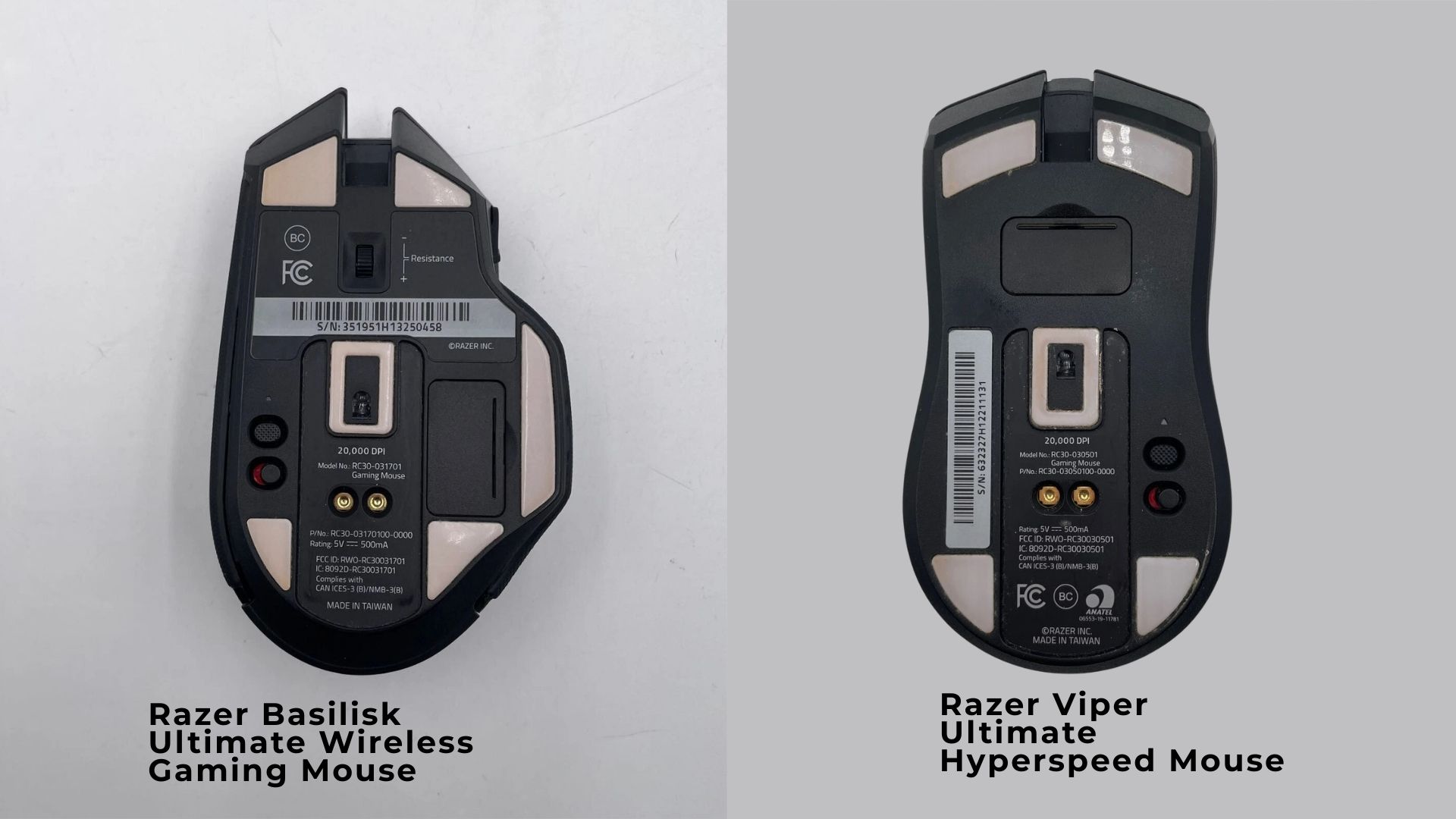Two black gaming mice, a Razer Basilisk Ultimate Wireless Gaming Mouse and a Razer Viper Ultimate Hyperspeed Mouse, displayed side-by-side.