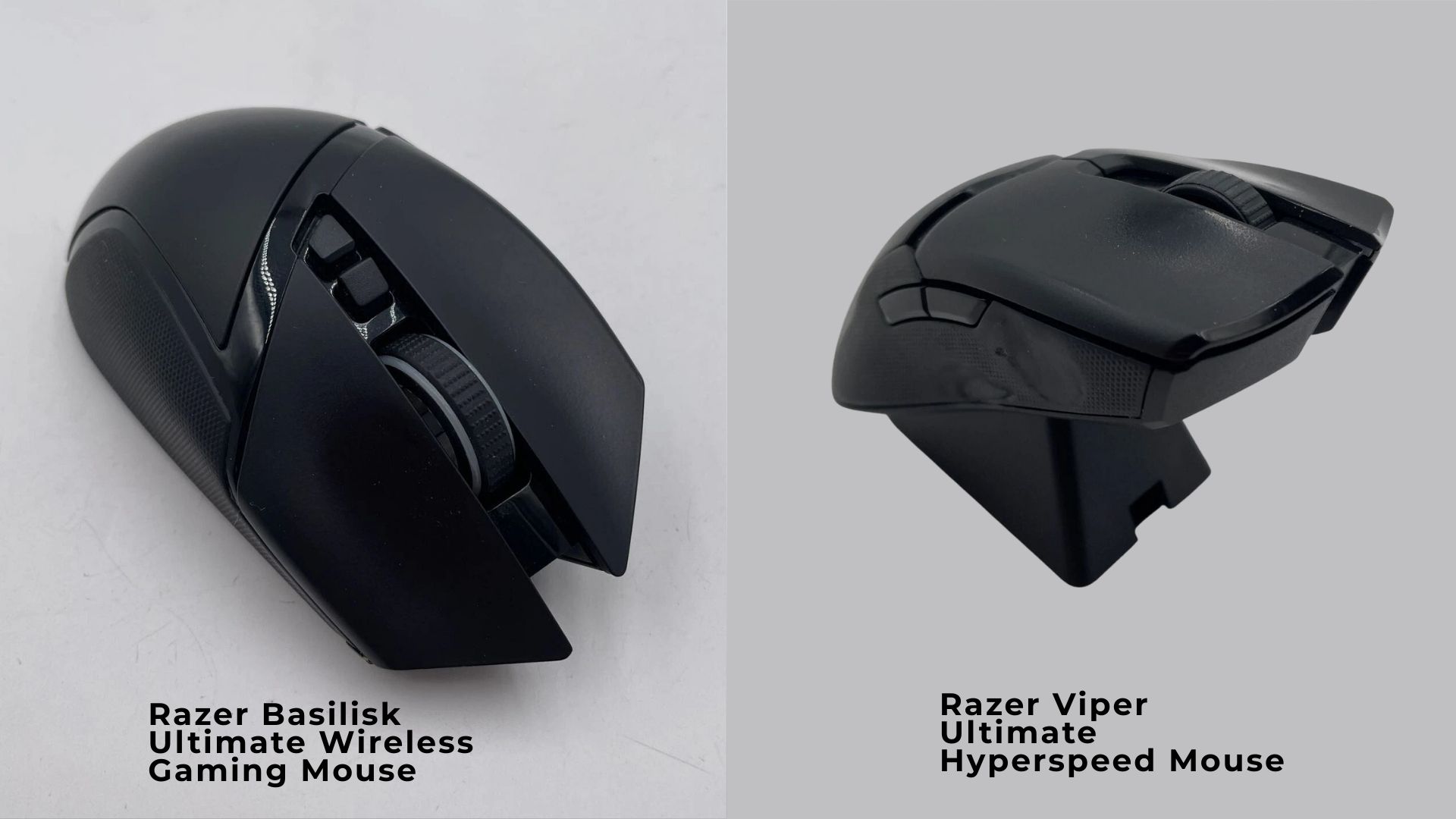 Two black gaming mice, a Razer Basilisk Ultimate Wireless Gaming Mouse and a Razer Viper Ultimate Hyperspeed Mouse, displayed side-by-side.