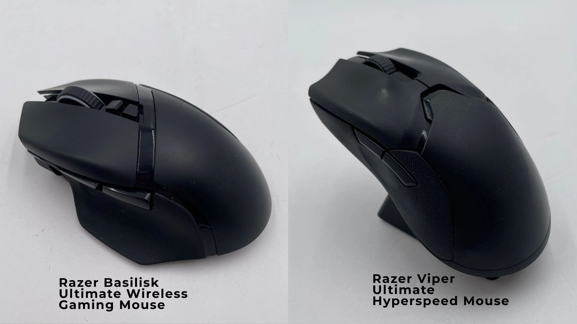 Two black gaming mice, a Razer Basilisk Ultimate Wireless Gaming Mouse and a Razer Viper Ultimate Hyperspeed Mouse, displayed side-by-side.