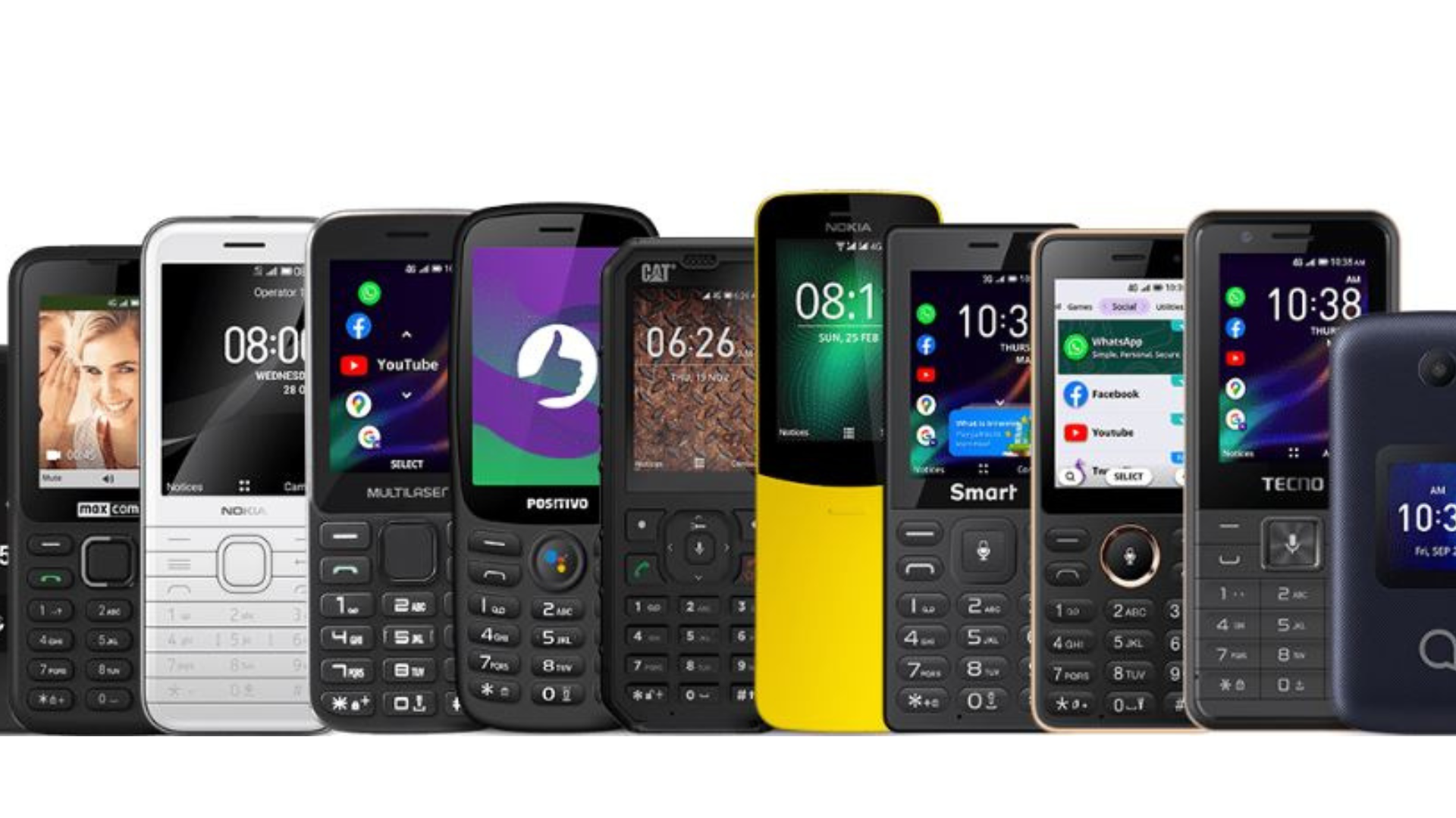 Variety of KaiOS phones in different colors and designs on a shelf, showcasing affordability