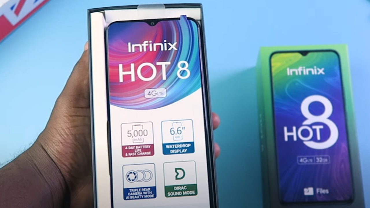 Infinix Hot 8 in a blue background